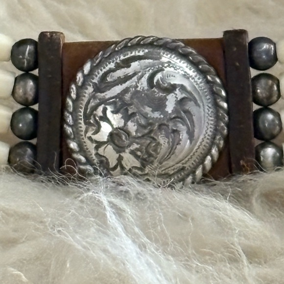Tan Leather Beaded Belt with Silver Buckle and Floral Etched Silver Cabochons main image 6